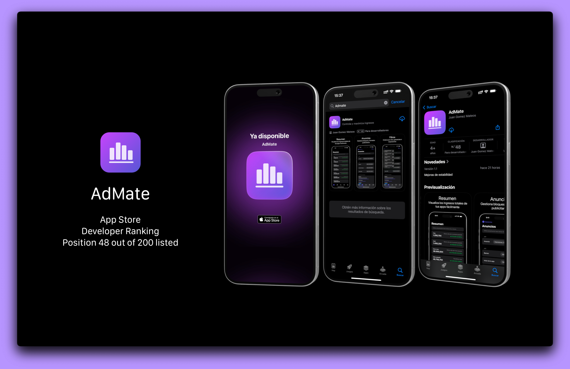 AdMate Sıralaması - Geliştiriciler İçin kategorisinde #48. pozisyonu gösteren App Store sıralaması
