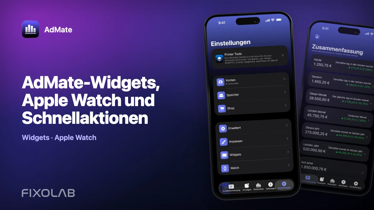 AdMate-Widgets, Apple Watch und Schnellaktionen