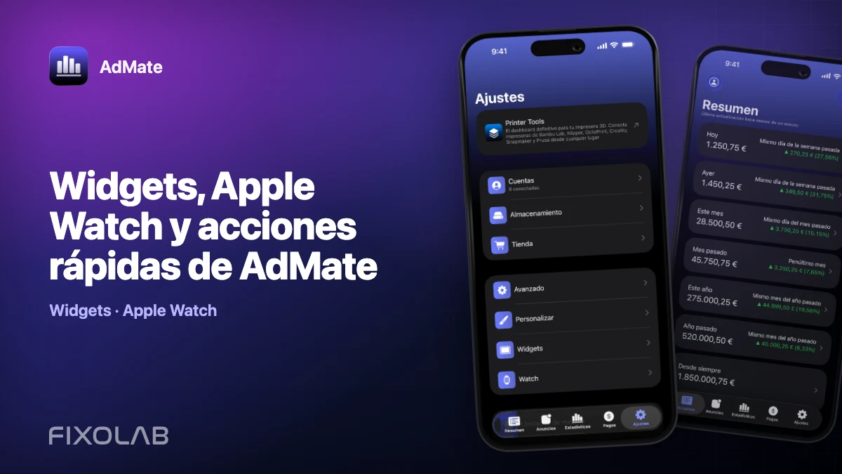 Widgets, Apple Watch y acciones rápidas de AdMate