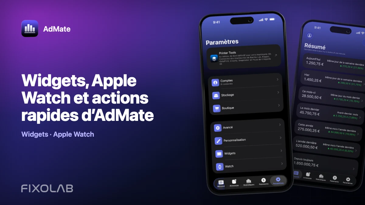 Widgets, Apple Watch et actions rapides d’AdMate