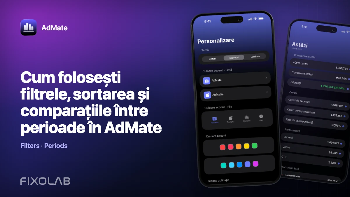 Cum folosești filtrele, sortarea și comparațiile între perioade în AdMate