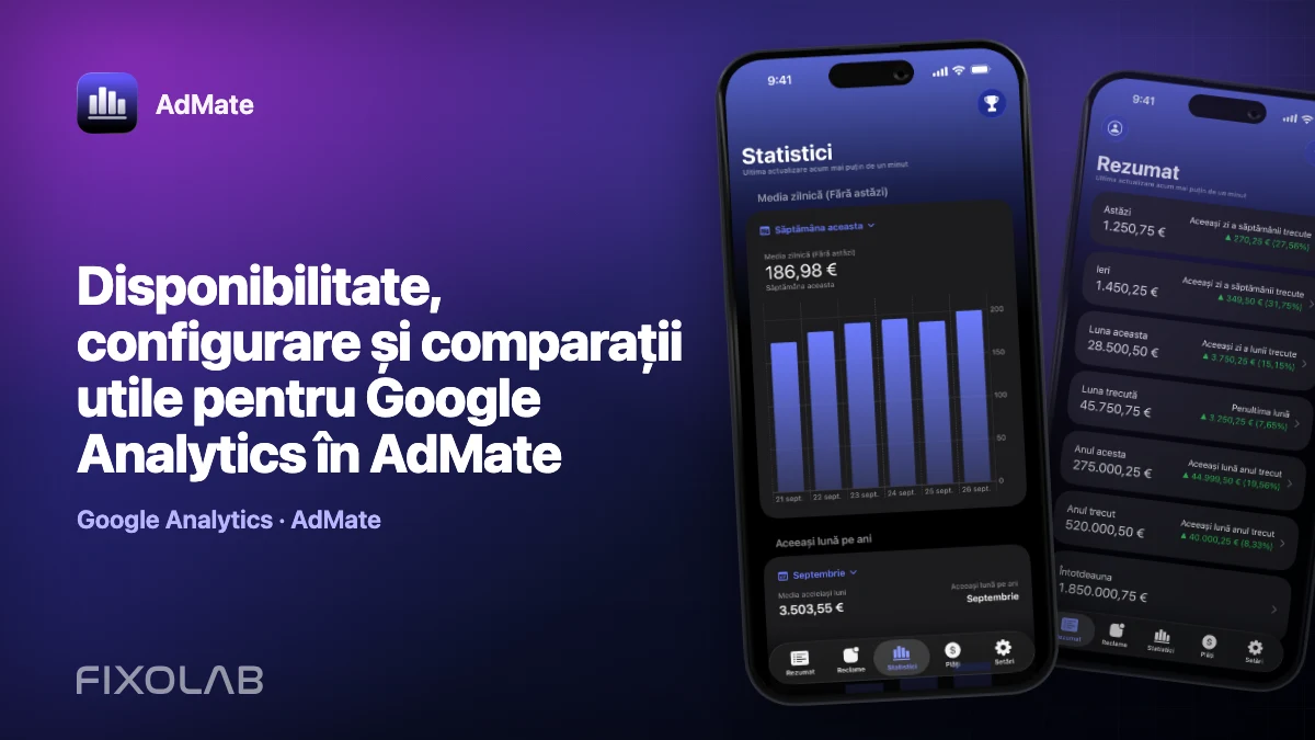 Disponibilitate, configurare și comparații utile pentru Google Analytics în AdMate