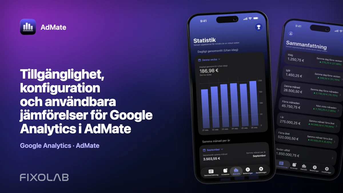Tillgänglighet, konfiguration och användbara jämförelser för Google Analytics i AdMate