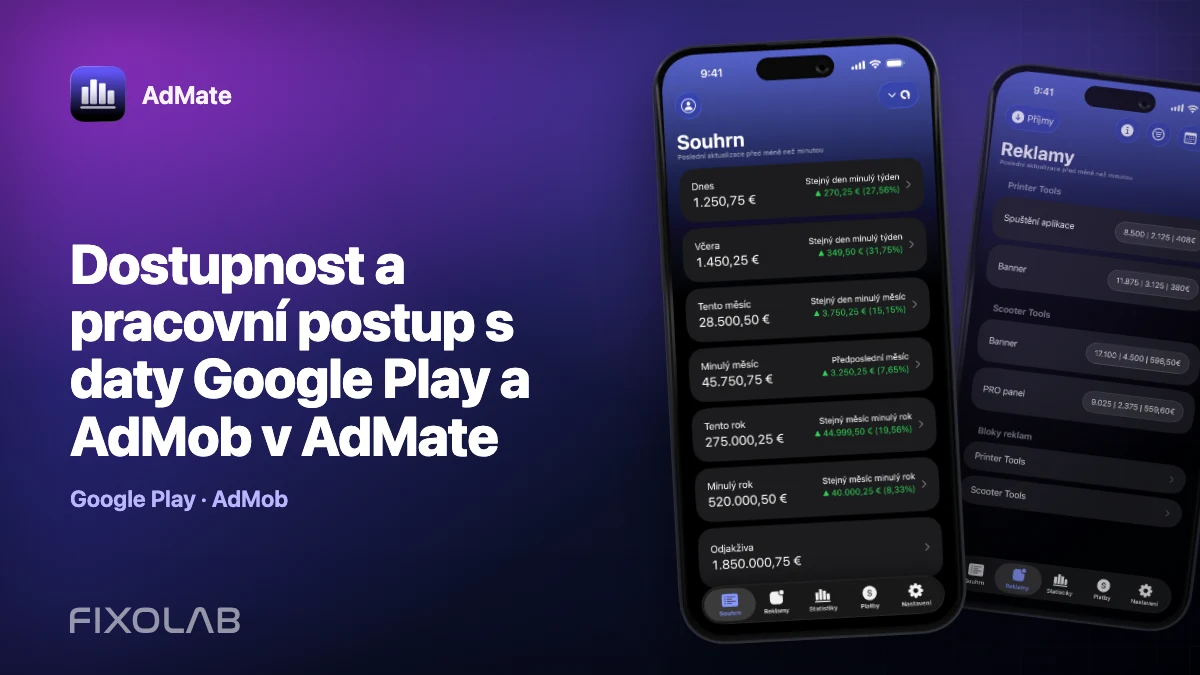 Dostupnost a pracovní postup s daty Google Play a AdMob v AdMate