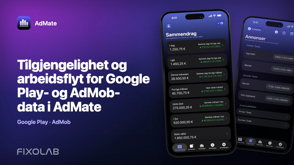 Tilgjengelighet og arbeidsflyt for Google Play- og AdMob-data i AdMate