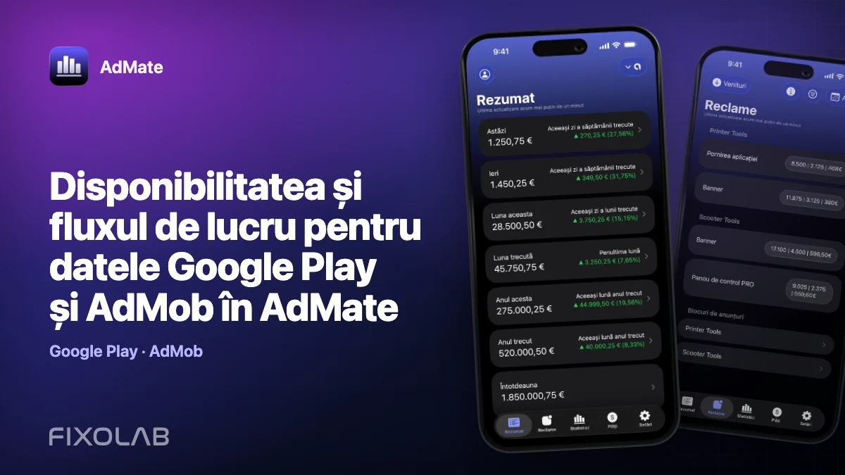 Disponibilitatea și fluxul de lucru pentru datele Google Play și AdMob în AdMate