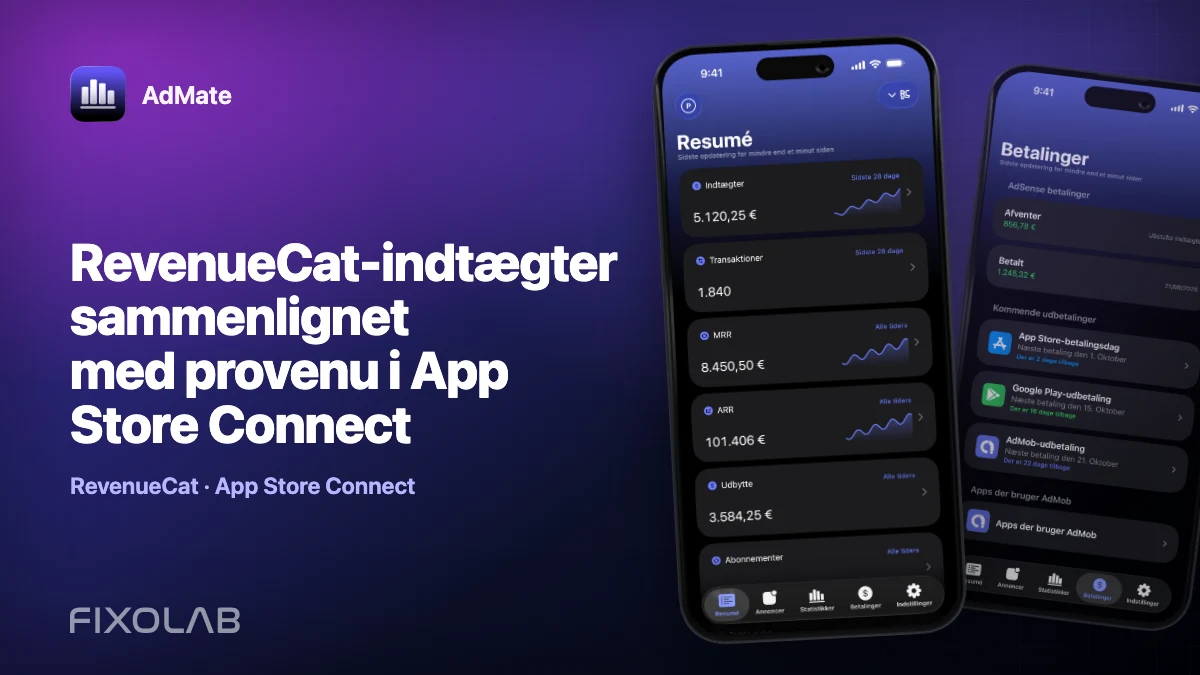 RevenueCat-indtægter sammenlignet med provenu i App Store Connect RevenueCat-indtægter sammenlignet med provenu i App Store Connect