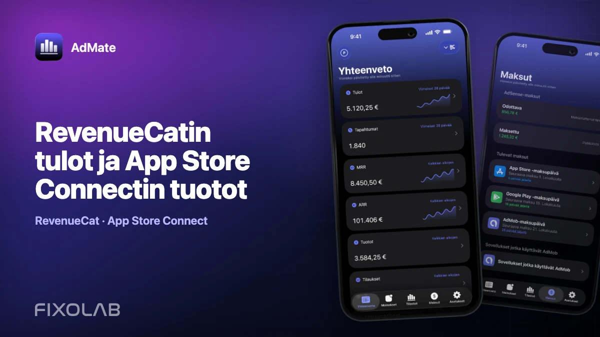 RevenueCatin tulot ja App Store Connectin tuotot
