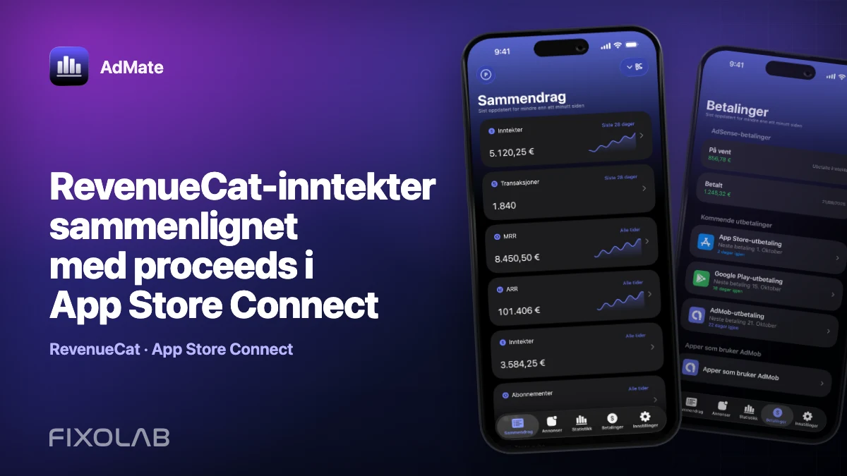 RevenueCat-inntekter sammenlignet med proceeds i App Store Connect