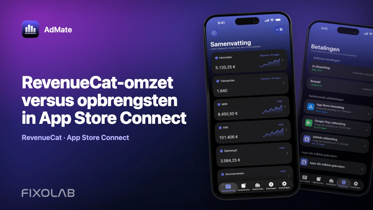 RevenueCat-omzet versus opbrengsten in App Store Connect