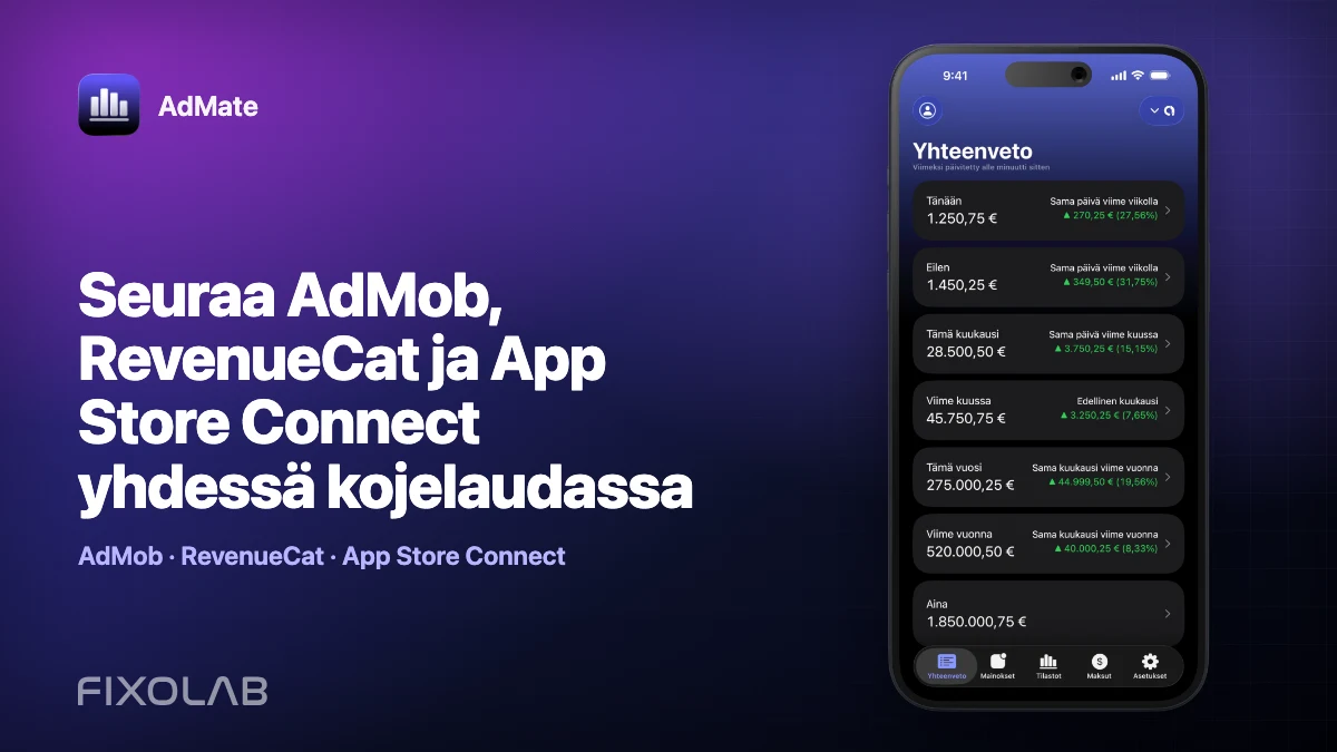 Seuraa AdMob, RevenueCat ja App Store Connect yhdessä kojelaudassa