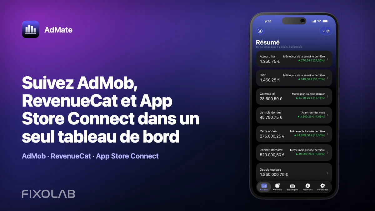 Suivez AdMob, RevenueCat et App Store Connect dans un seul tableau de bord