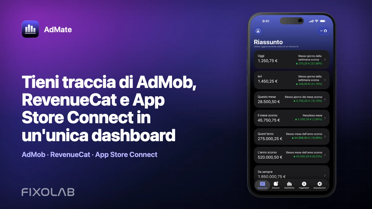 Tieni traccia di AdMob, RevenueCat e App Store Connect in un'unica dashboard