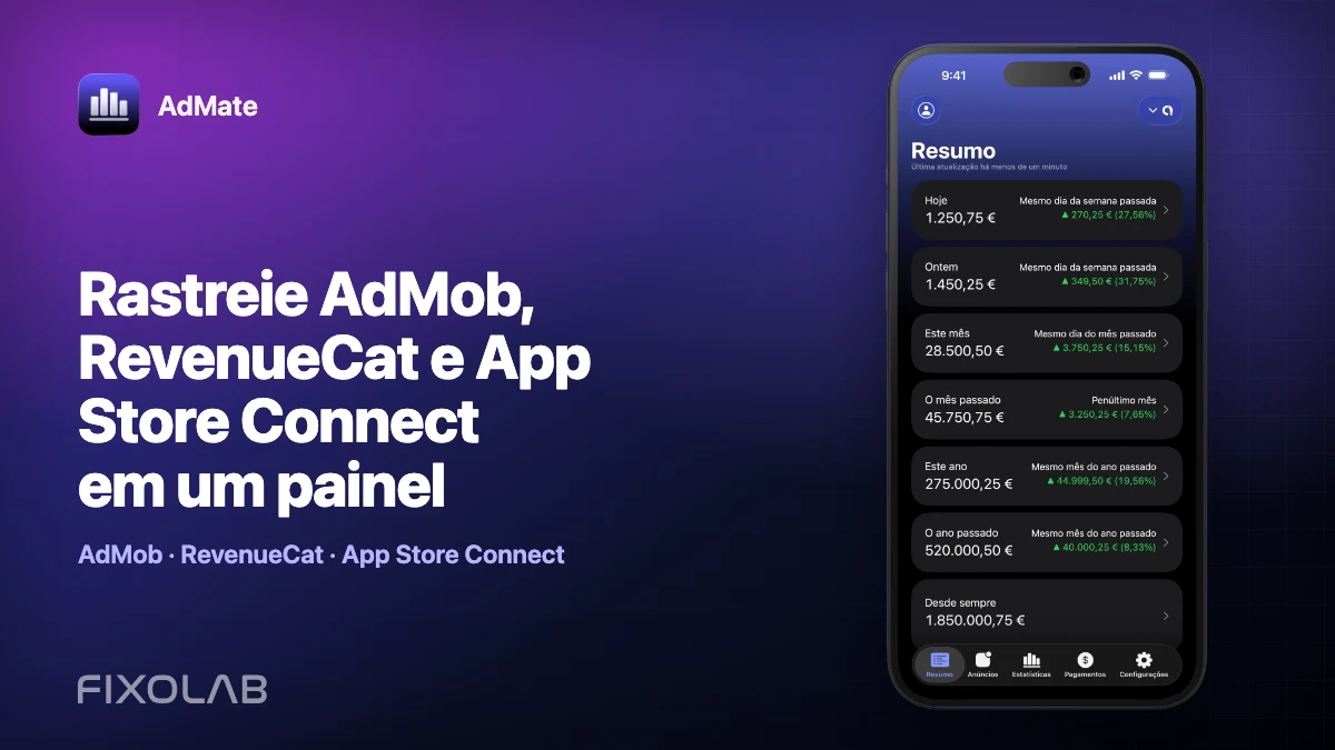 Rastreie AdMob, RevenueCat e App Store Connect em um painel