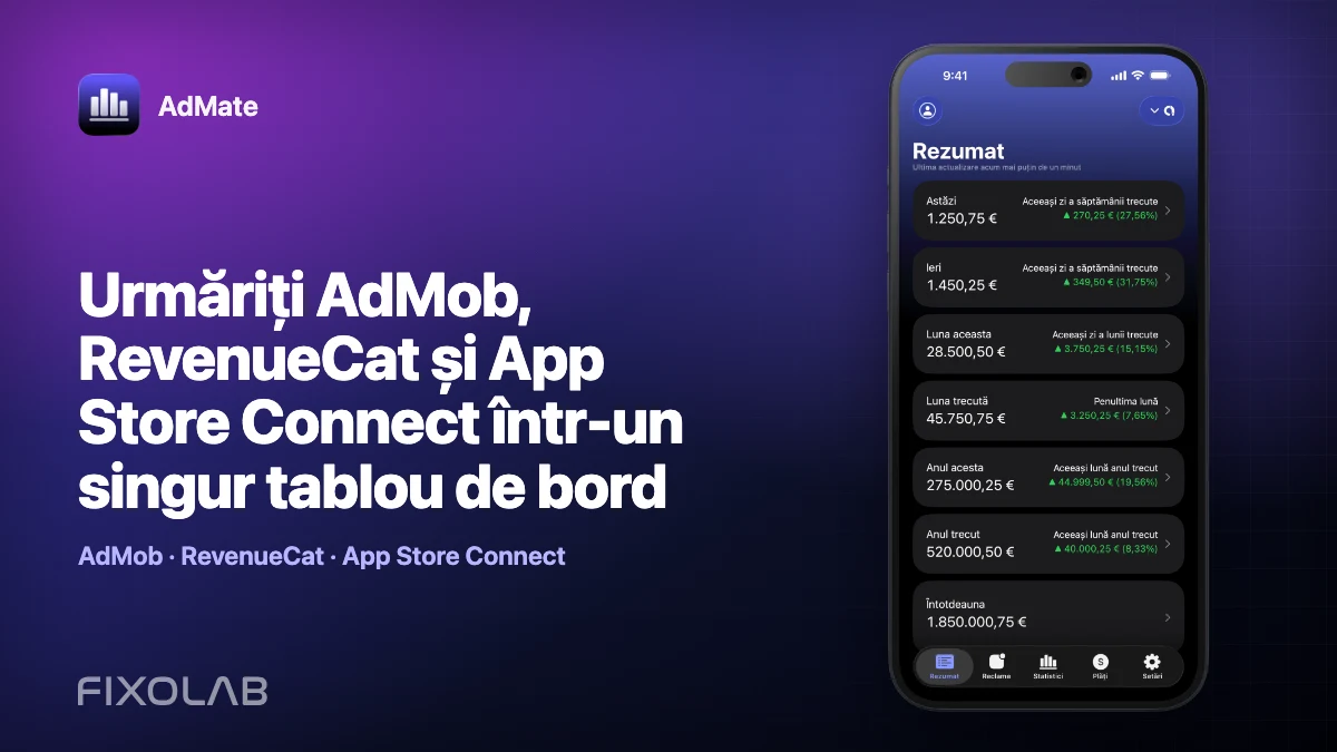 Urmăriți AdMob, RevenueCat și App Store Connect într-un singur tablou de bord