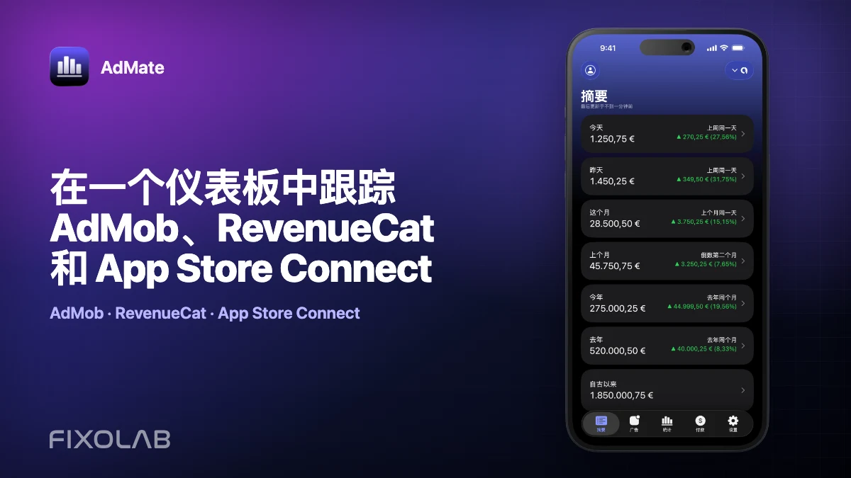 在一个仪表板中跟踪 AdMob、RevenueCat 和 App Store Connect
