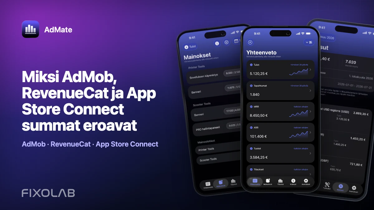 Miksi AdMob, RevenueCat ja App Store Connect summat eroavat