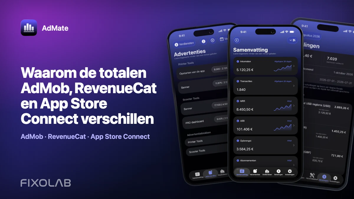Waarom de totalen AdMob, RevenueCat en App Store Connect verschillen