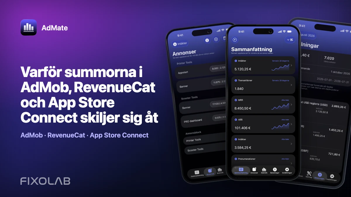 Varför summorna i AdMob, RevenueCat och App Store Connect skiljer sig åt