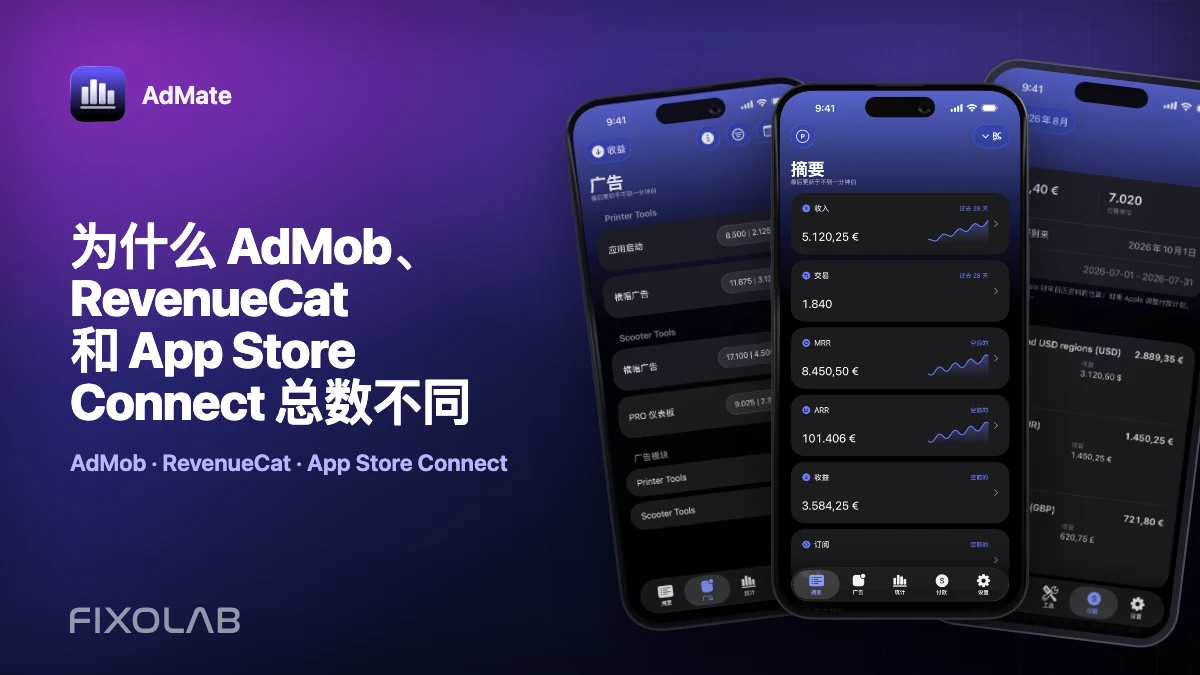 为什么 AdMob、RevenueCat 和 App Store Connect 总数不同